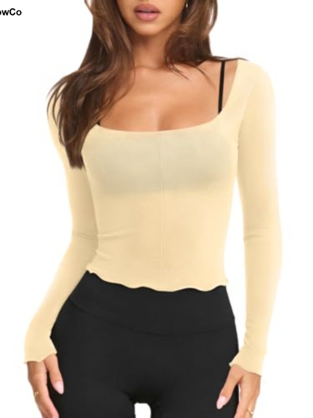 Womens Long Sleeve Workout Top Semi Sheer Square Neck Cropped Activewear